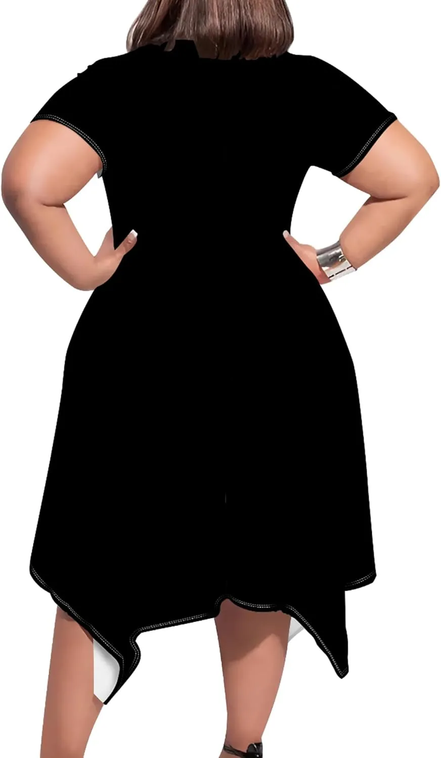Womens Plus Size Irregular Hem Summer Dress Casual Fit Short Sleeve Empire Waist Loose T-Shirt A Line Midi Dress with Pockets