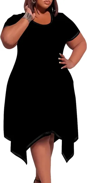 Womens Plus Size Irregular Hem Summer Dress Casual Fit Short Sleeve Empire Waist Loose T-Shirt A Line Midi Dress with Pockets
