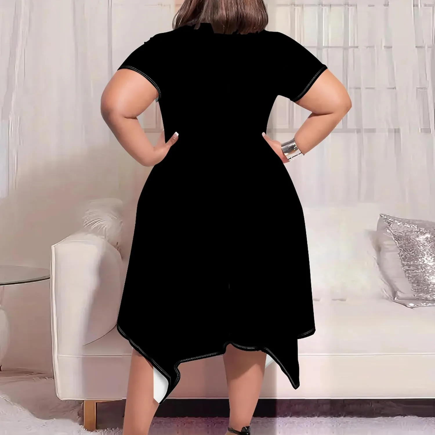 Womens Plus Size Irregular Hem Summer Dress Casual Fit Short Sleeve Empire Waist Loose T-Shirt A Line Midi Dress with Pockets