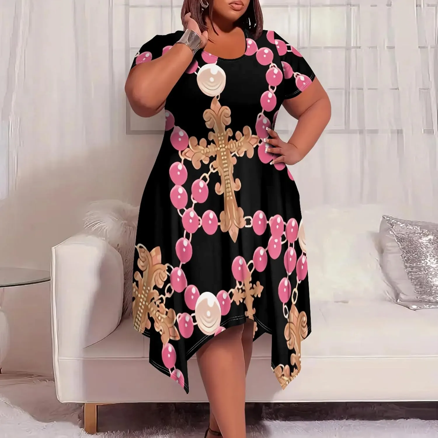 Womens Plus Size Irregular Hem Summer Dress Casual Fit Short Sleeve Empire Waist Loose T-Shirt A Line Midi Dress with Pockets