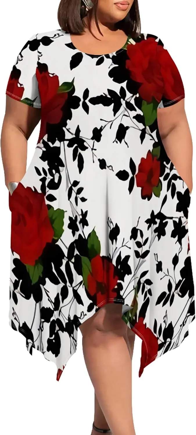 Womens Plus Size Irregular Hem Summer Dress Casual Fit Short Sleeve Empire Waist Loose T-Shirt A Line Midi Dress with Pockets