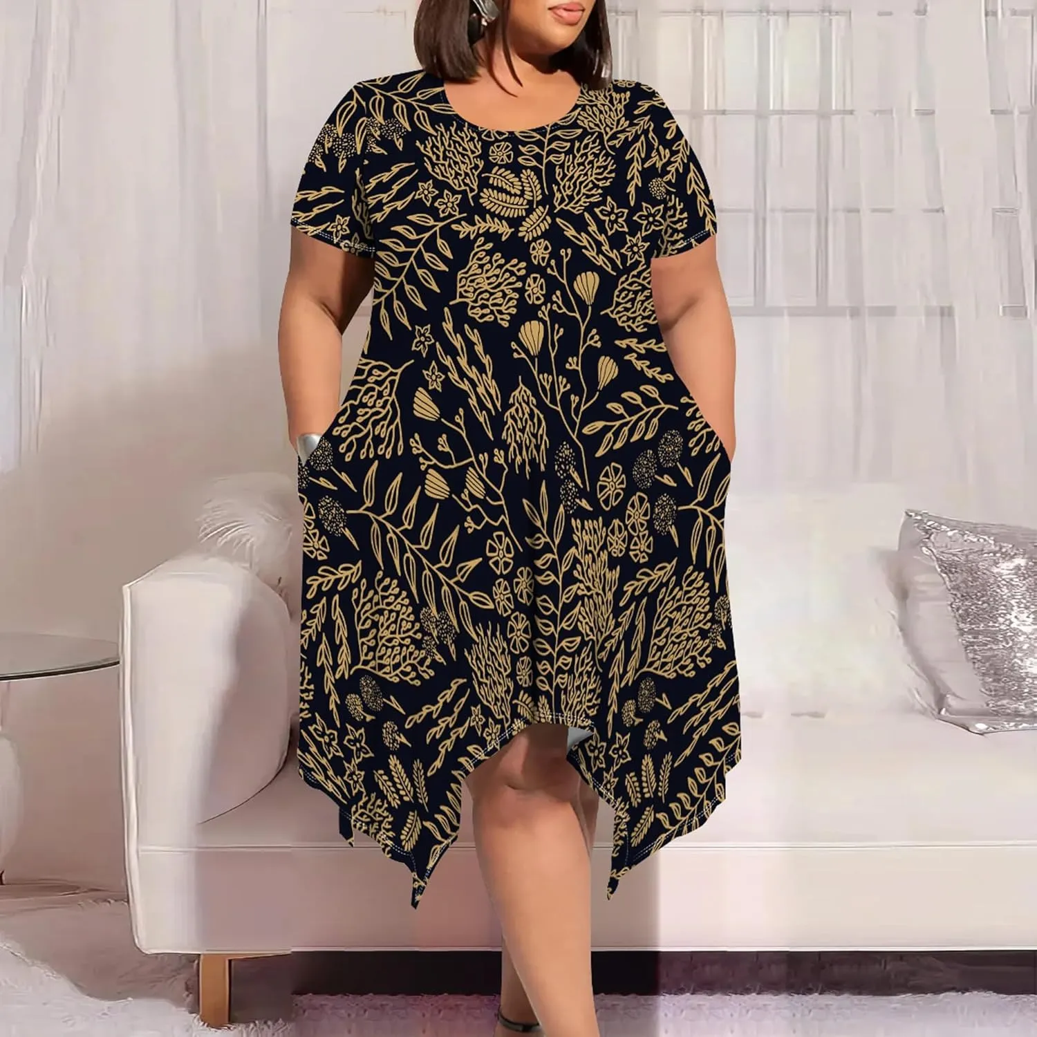Womens Plus Size Irregular Hem Summer Dress Casual Fit Short Sleeve Empire Waist Loose T-Shirt A Line Midi Dress with Pockets