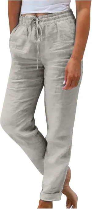 Womens Plus Size Linen Pants Summer Casual Boho Drawstring High Waisted Pants Loose Fit Lounge Trousers