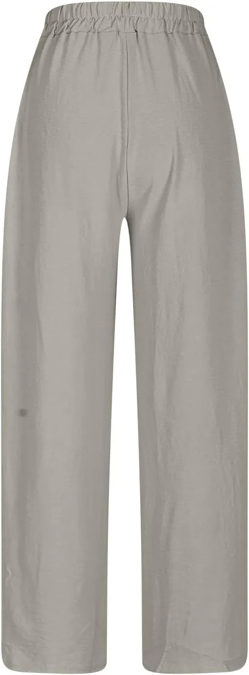 Womens Plus Size Linen Pants Summer Casual Boho Drawstring High Waisted Pants Loose Fit Lounge Trousers