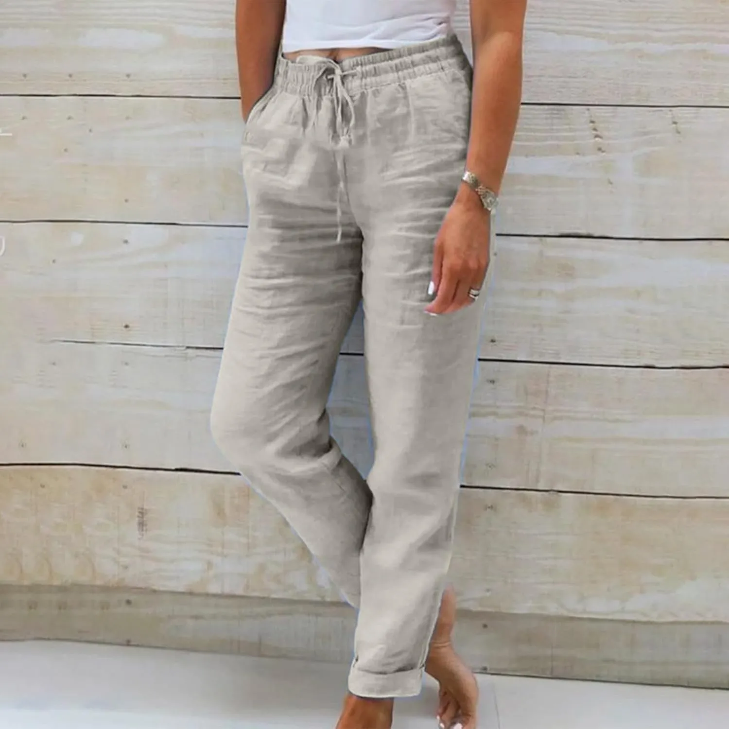 Womens Plus Size Linen Pants Summer Casual Boho Drawstring High Waisted Pants Loose Fit Lounge Trousers