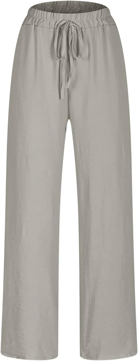 Womens Plus Size Linen Pants Summer Casual Boho Drawstring High Waisted Pants Loose Fit Lounge Trousers