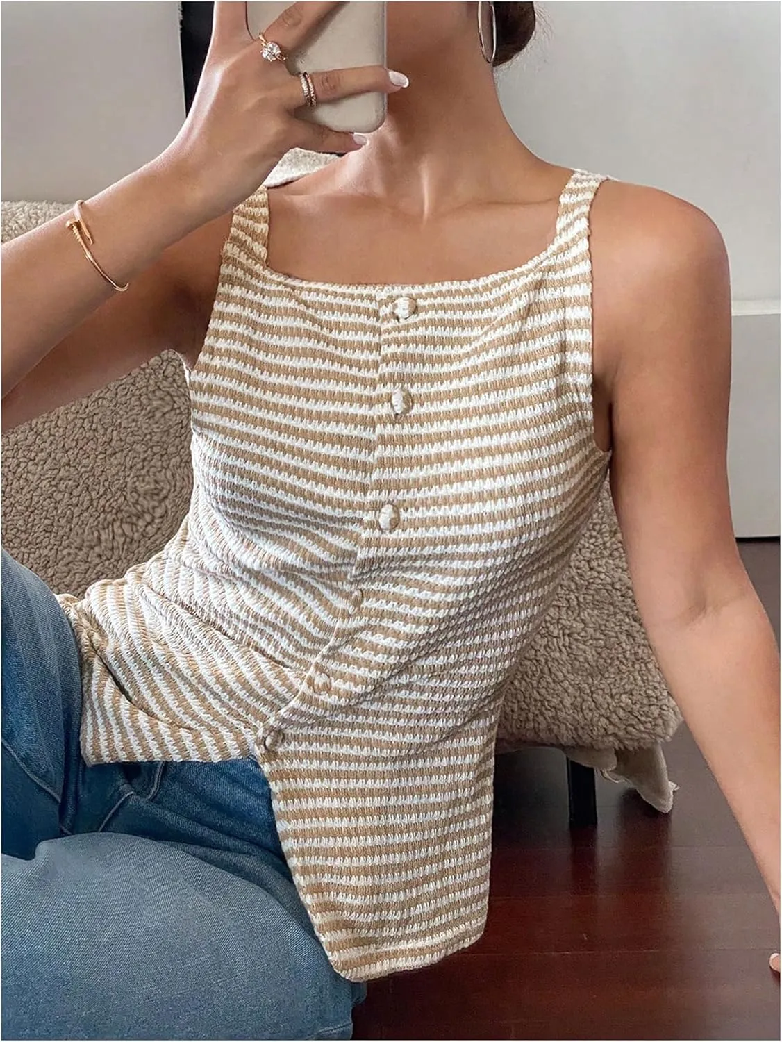 Women's Plus Size Striped Sleeveless Blouses Shirts Button Down Fitted Casual Tank Top