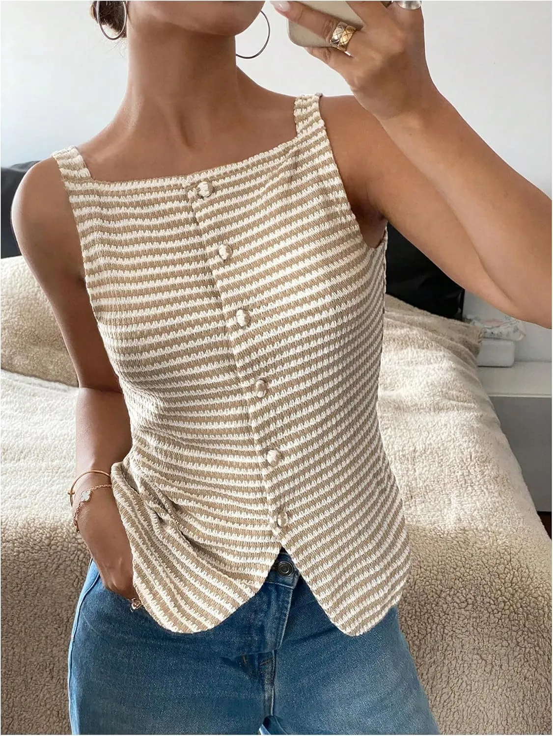 Women's Plus Size Striped Sleeveless Blouses Shirts Button Down Fitted Casual Tank Top