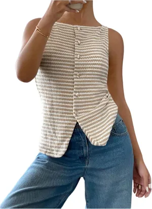 Women's Plus Size Striped Sleeveless Blouses Shirts Button Down Fitted Casual Tank Top