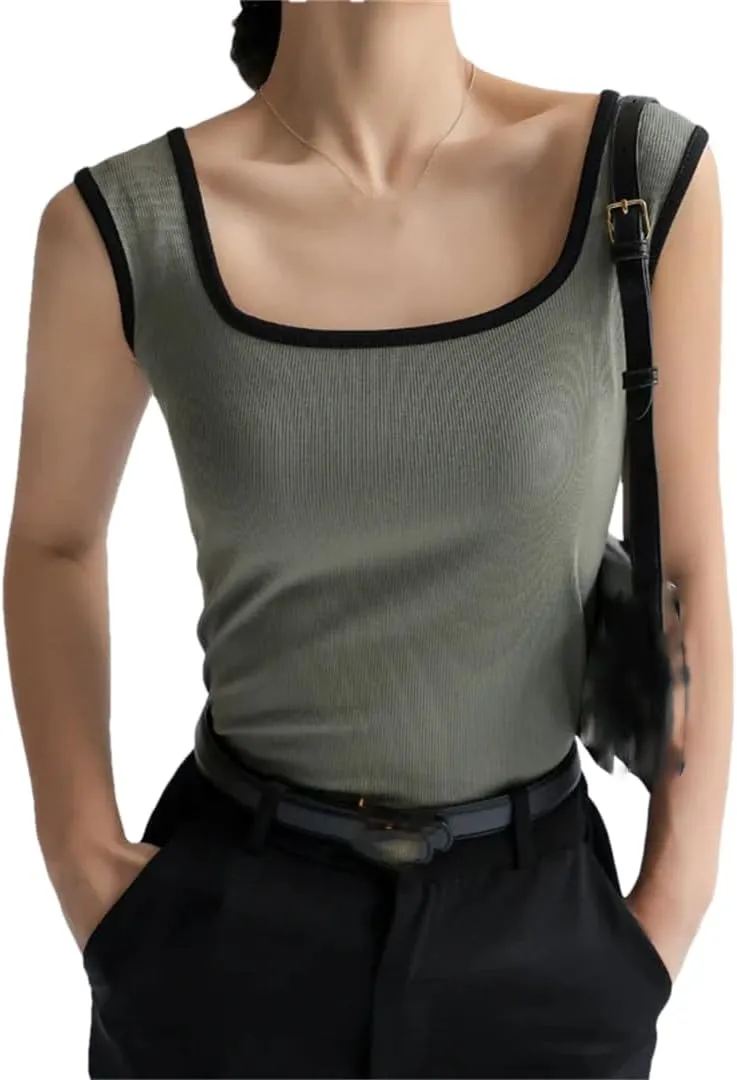 Women's Ribbed Patchwork Top Vest Slim Camisole Casual Beach Tank