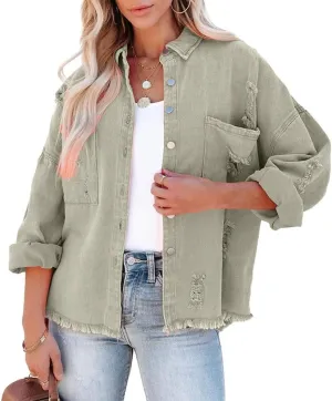 Women's Ripped Distressed Jean Jacket Vintage Oversized Frayed Washed Denim Jacket Boyfriend Western Shacket Coat