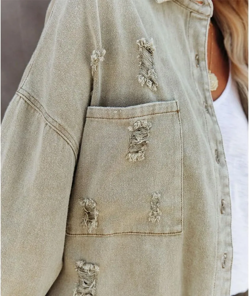 Women's Ripped Distressed Jean Jacket Vintage Oversized Frayed Washed Denim Jacket Boyfriend Western Shacket Coat