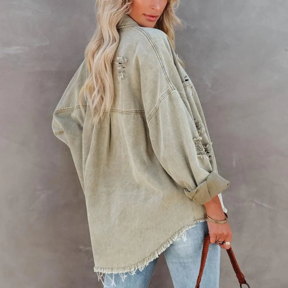 Women's Ripped Distressed Jean Jacket Vintage Oversized Frayed Washed Denim Jacket Boyfriend Western Shacket Coat