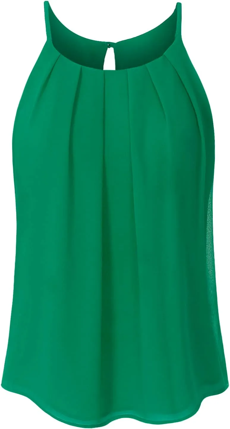 Women's Round Neck Pleated Double Layered Chiffon Cami Tank Top (S~3XL)
