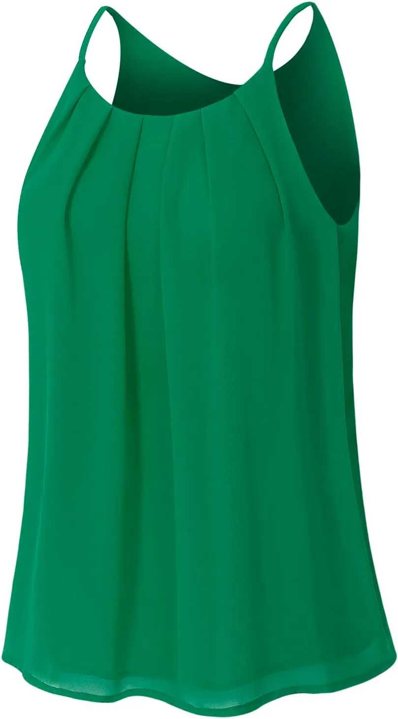 Women's Round Neck Pleated Double Layered Chiffon Cami Tank Top (S~3XL)