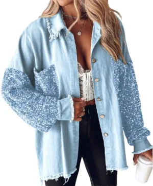 Women's Sequin Patchwork Long Sleeve Jacket Top,Denim Patchwork Sequin Jackets,Multicolor Sequin Patchwork Coat