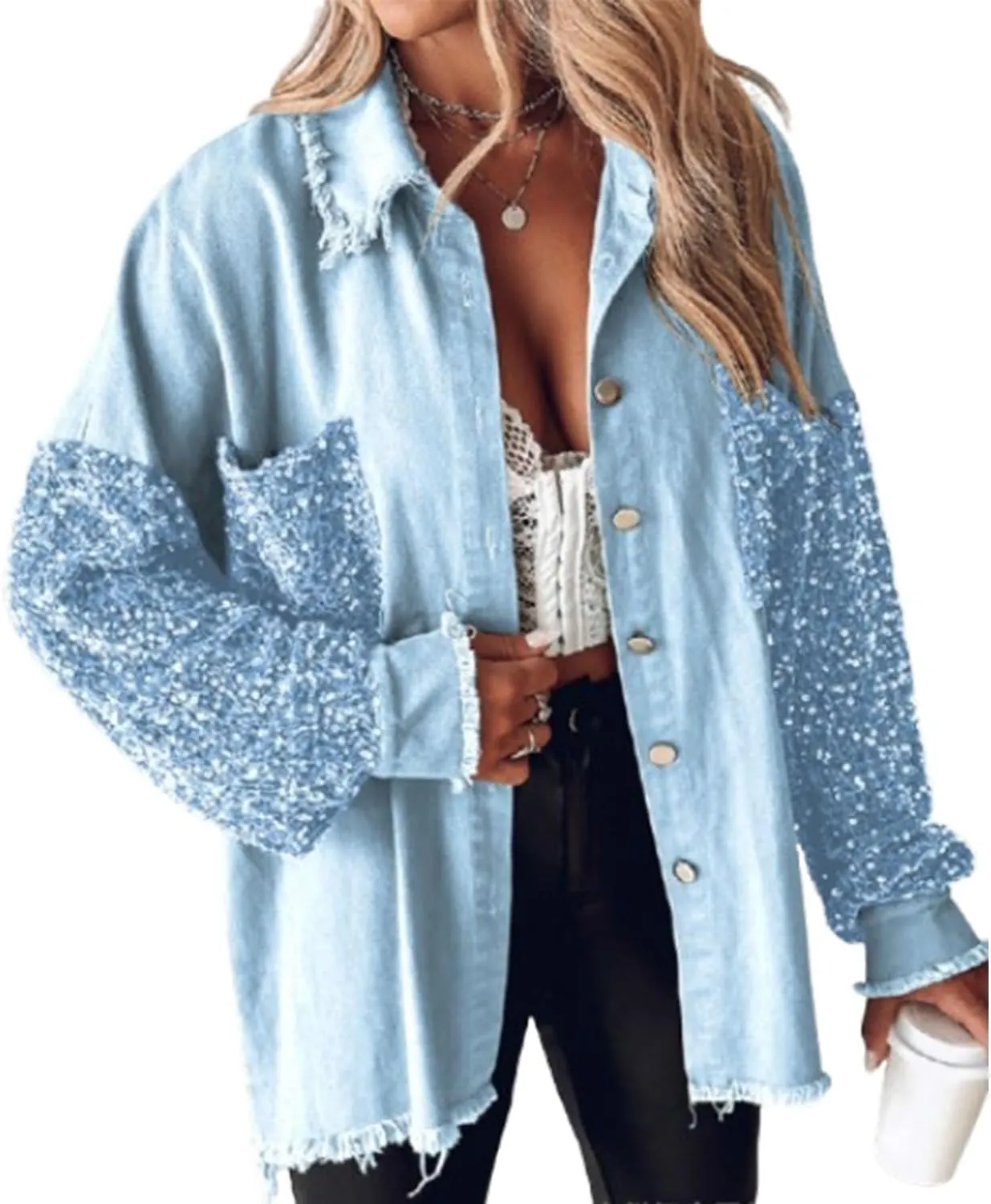 Women's Sequin Patchwork Long Sleeve Jacket Top,Denim Patchwork Sequin Jackets,Multicolor Sequin Patchwork Coat