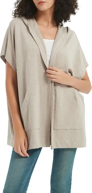 Womens Short Sleeve Cardigan Lightweight Summer Casual Open Front Hoodie Top with Pockets