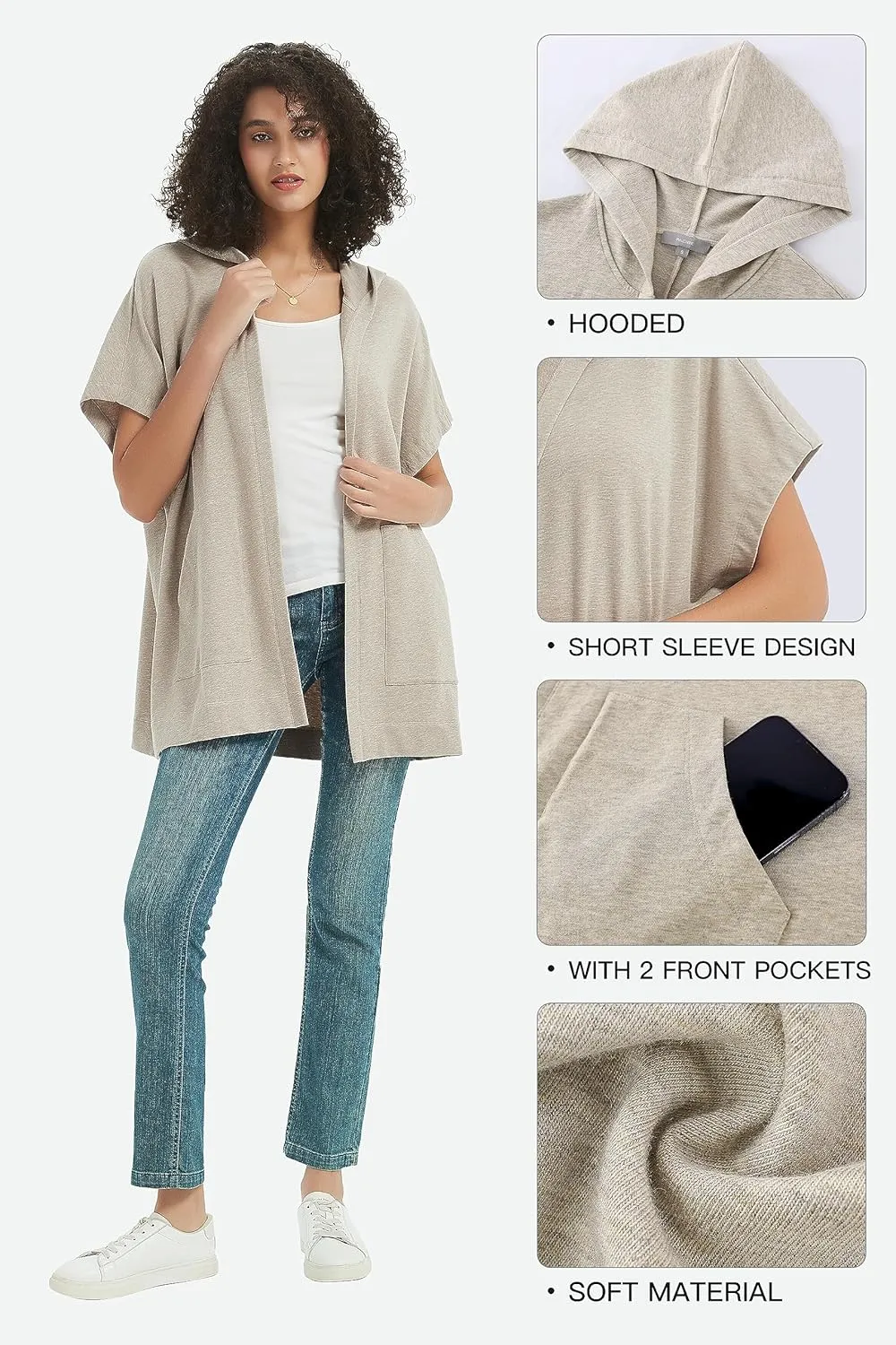 Womens Short Sleeve Cardigan Lightweight Summer Casual Open Front Hoodie Top with Pockets
