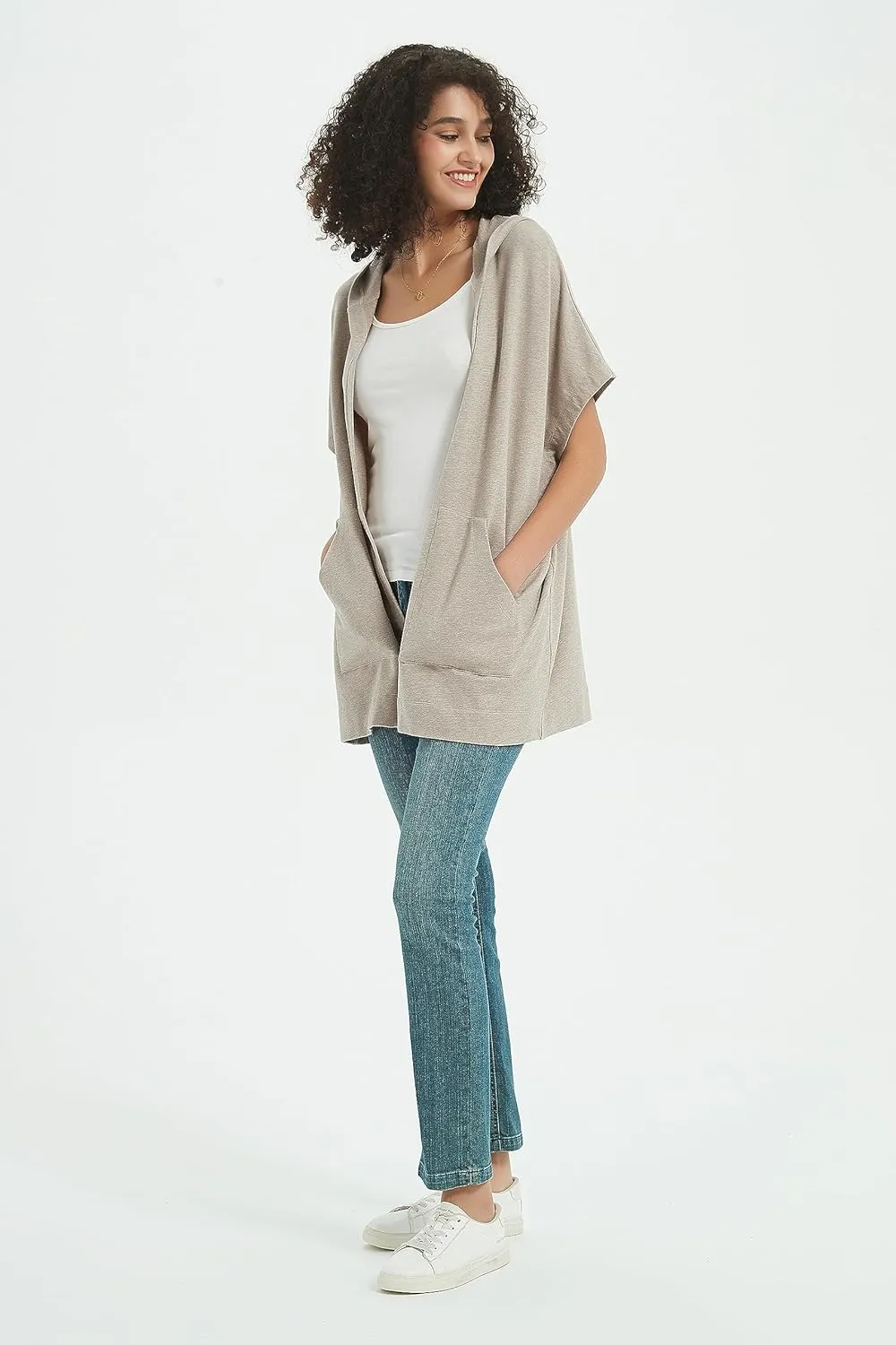 Womens Short Sleeve Cardigan Lightweight Summer Casual Open Front Hoodie Top with Pockets