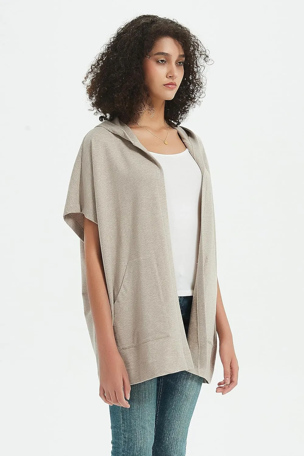 Womens Short Sleeve Cardigan Lightweight Summer Casual Open Front Hoodie Top with Pockets