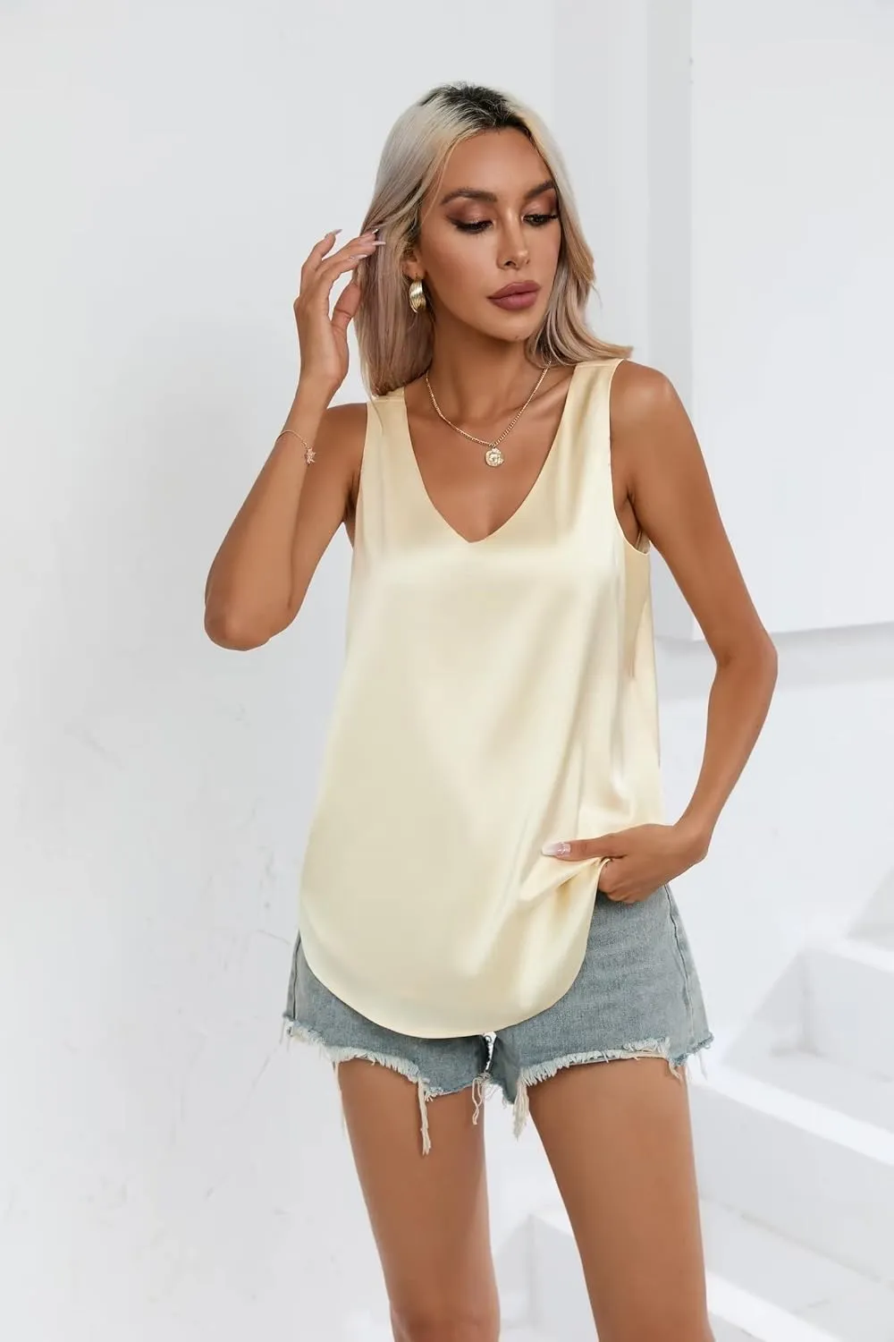 Womens Silk Satin Tank Top V Neck Sleeveless Camisole Shirts S-XXL