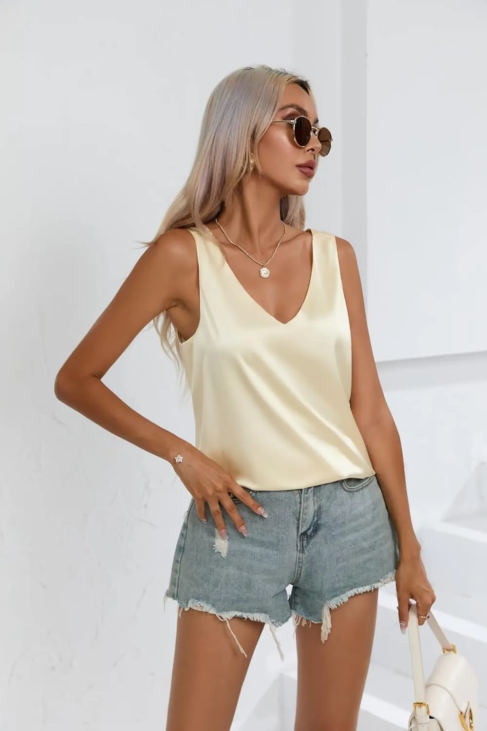 Womens Silk Satin Tank Top V Neck Sleeveless Camisole Shirts S-XXL