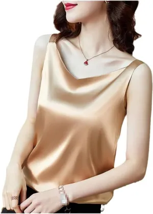 Women's Sleeveless Faux Satin Silk Tank Top Summer Backless V-Neck Camisole