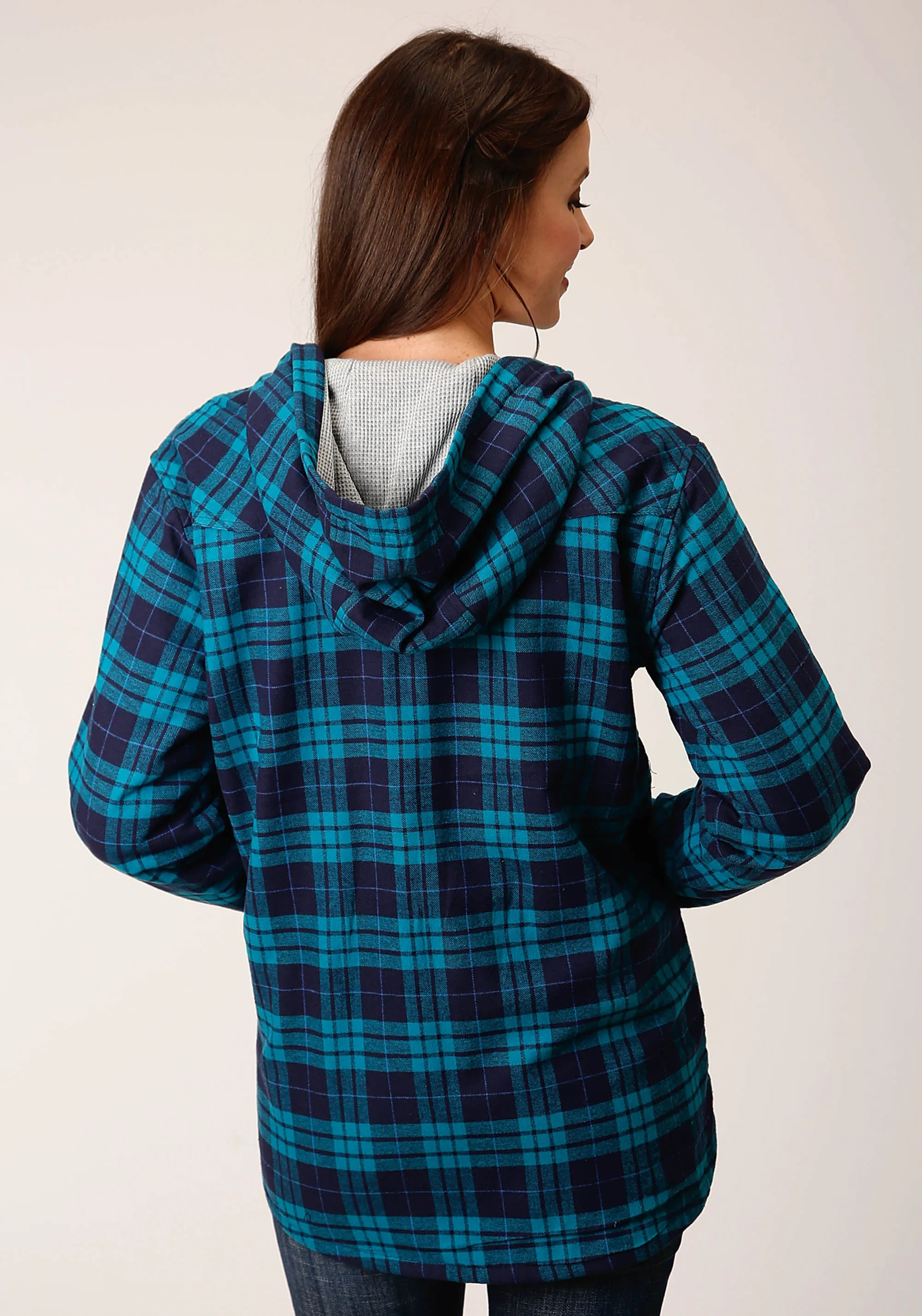 WOMENS SNAP THERMAL LINED FLANNEL SHIRT JACKET TURQUOISE NAVY PLAID