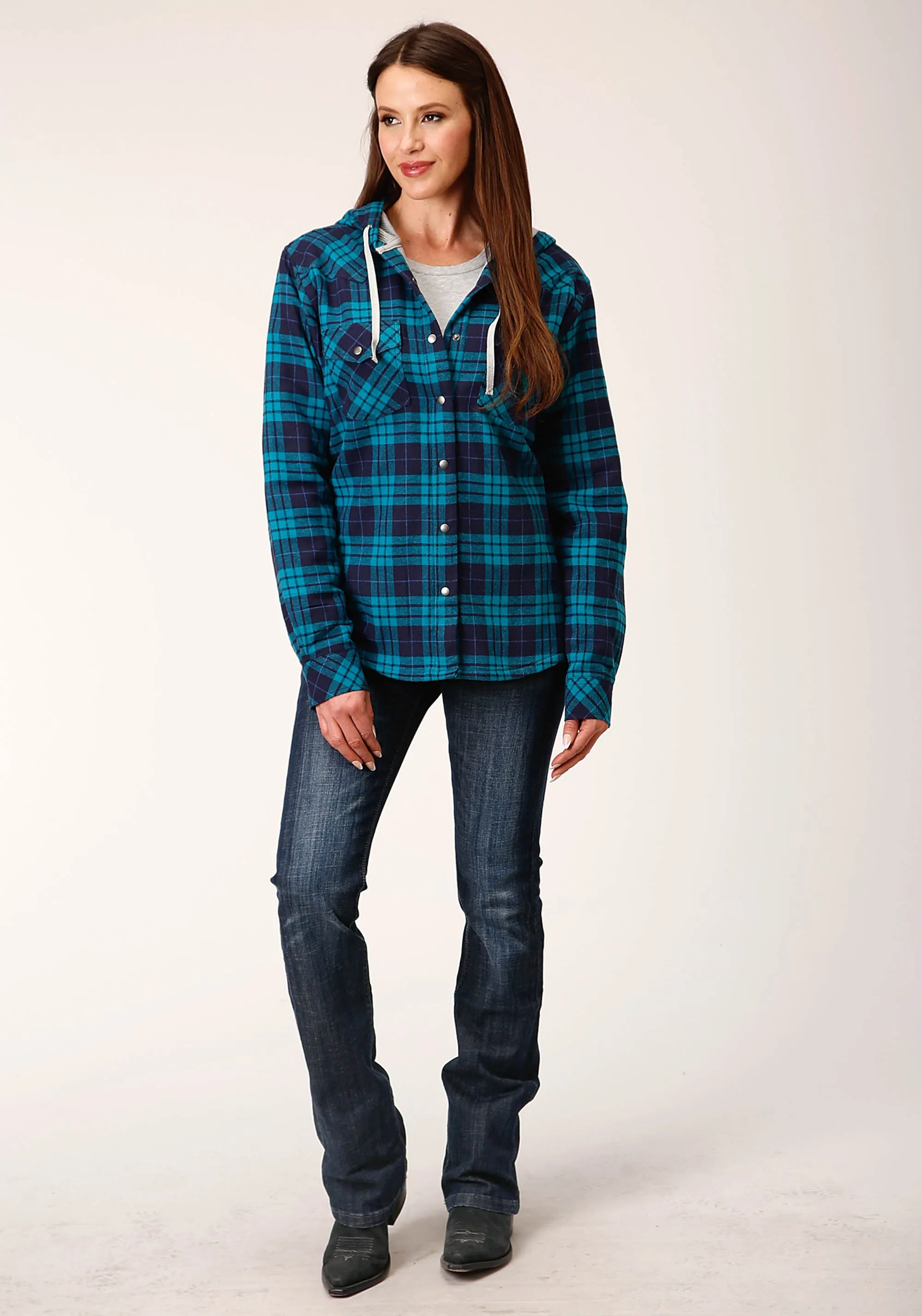 WOMENS SNAP THERMAL LINED FLANNEL SHIRT JACKET TURQUOISE NAVY PLAID