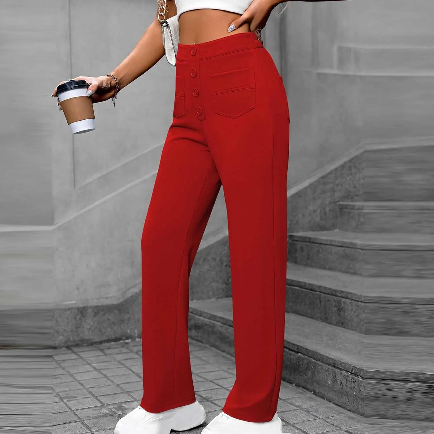 Women's Spring 2025 Pants Casual High Waist Straight Leg Pant Business Button Down Work Pants Trousers with Pockets