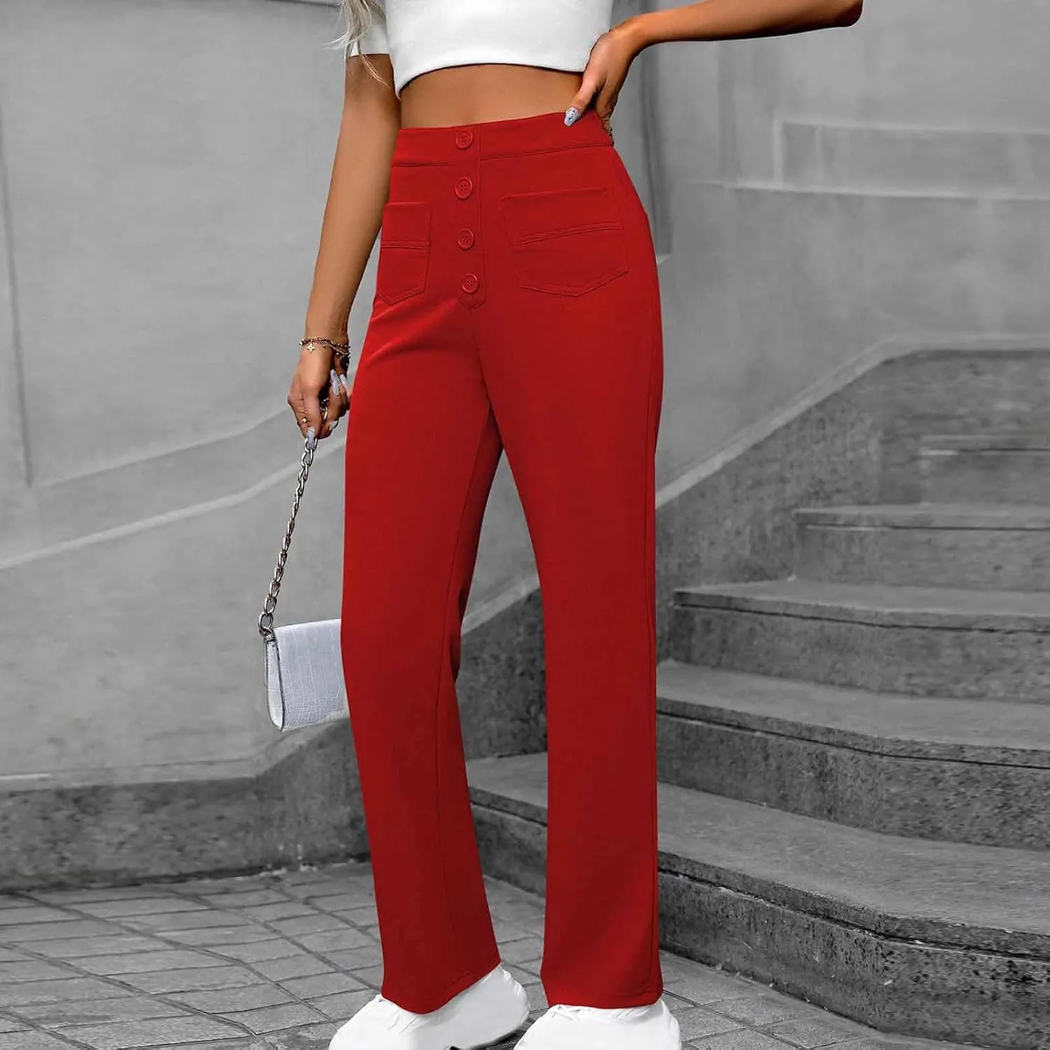 Women's Spring 2025 Pants Casual High Waist Straight Leg Pant Business Button Down Work Pants Trousers with Pockets