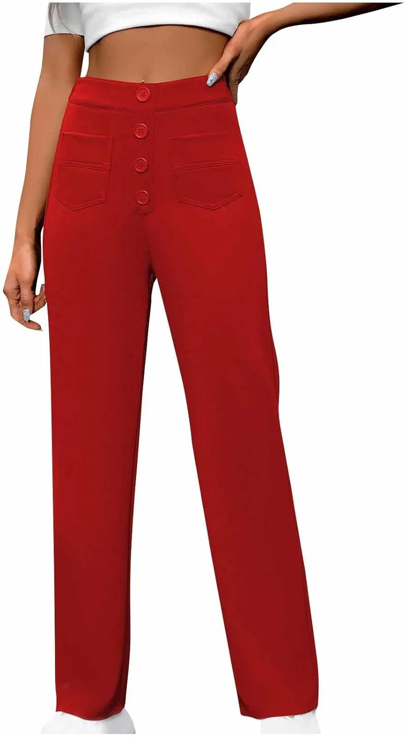 Women's Spring 2025 Pants Casual High Waist Straight Leg Pant Business Button Down Work Pants Trousers with Pockets