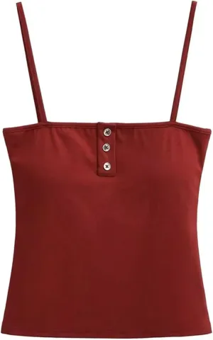 Women's Square Neck Spaghetti Strap Camisole Button-Up Slim Fit Casual Tank Top