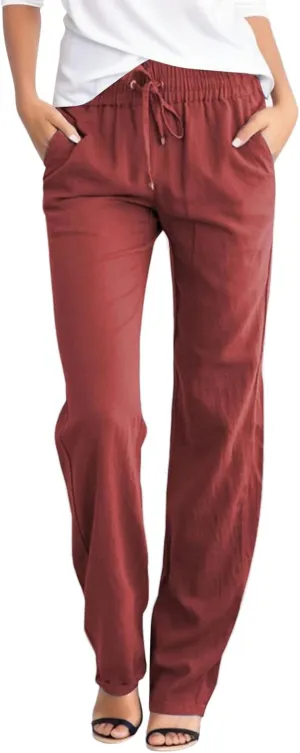 Women's Straight Leg Pants Casual Pants Elastic High Waist Drawstring Pants Solid Color Trousers with Pockets