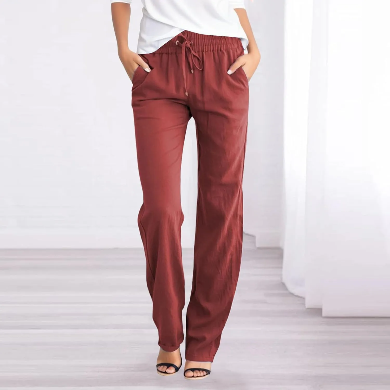 Women's Straight Leg Pants Casual Pants Elastic High Waist Drawstring Pants Solid Color Trousers with Pockets