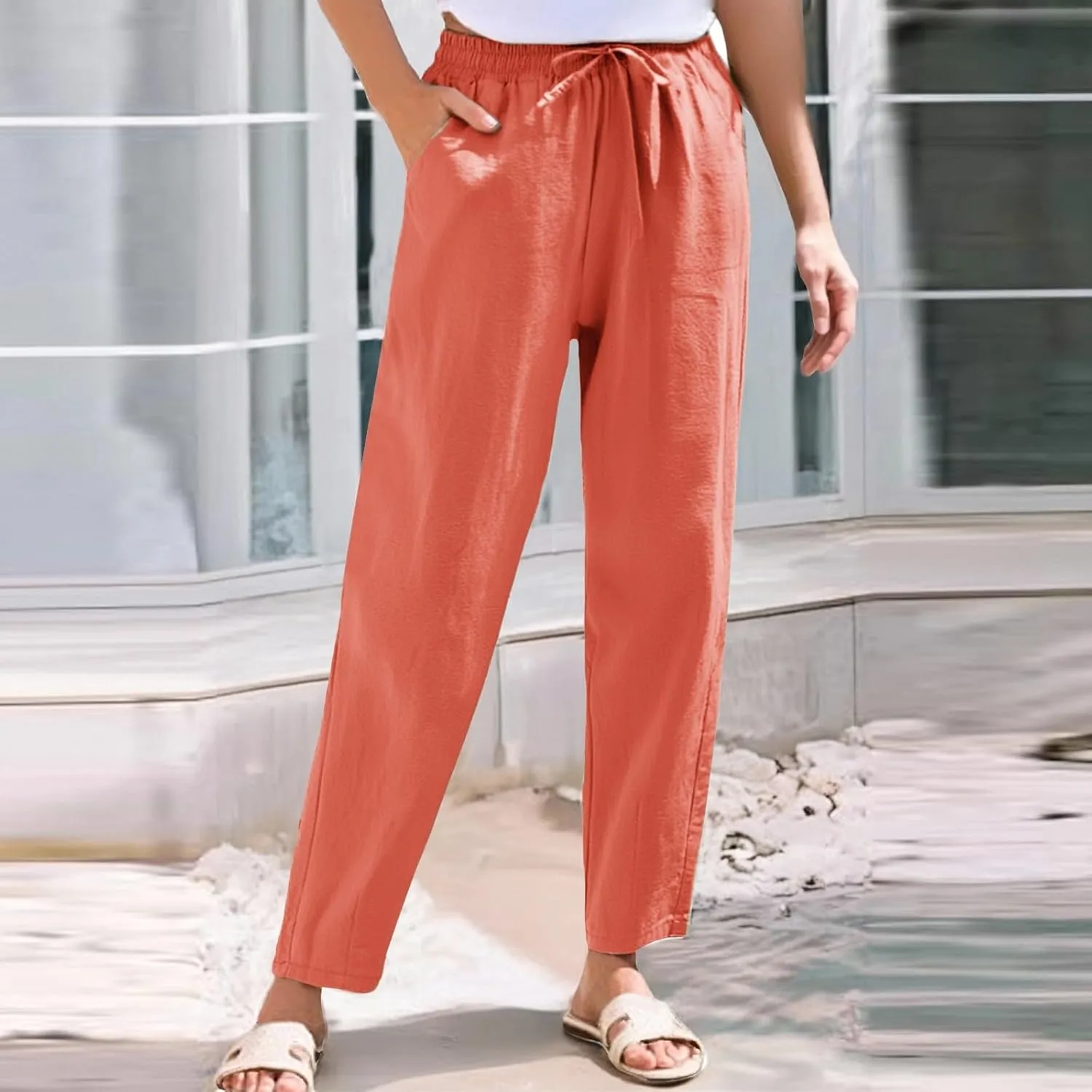 Women's Straight Leg Pants Elastic Drawstring Casual Trousers with Pockets Summer Beach Lounge Pants