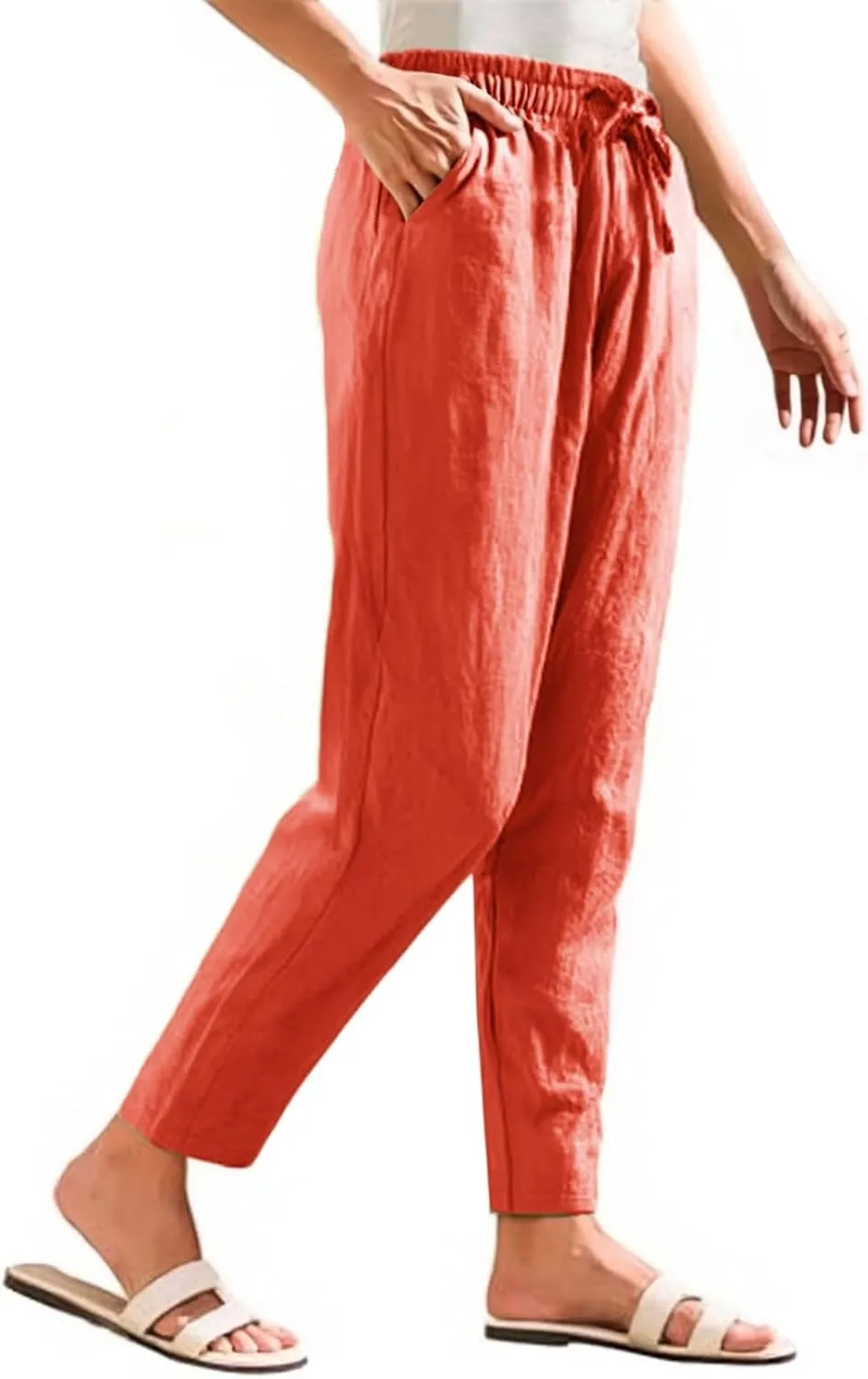 Women's Straight Leg Pants Elastic Drawstring Casual Trousers with Pockets Summer Beach Lounge Pants