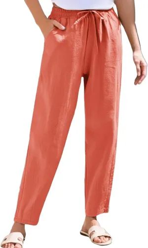Women's Straight Leg Pants Elastic Drawstring Casual Trousers with Pockets Summer Beach Lounge Pants