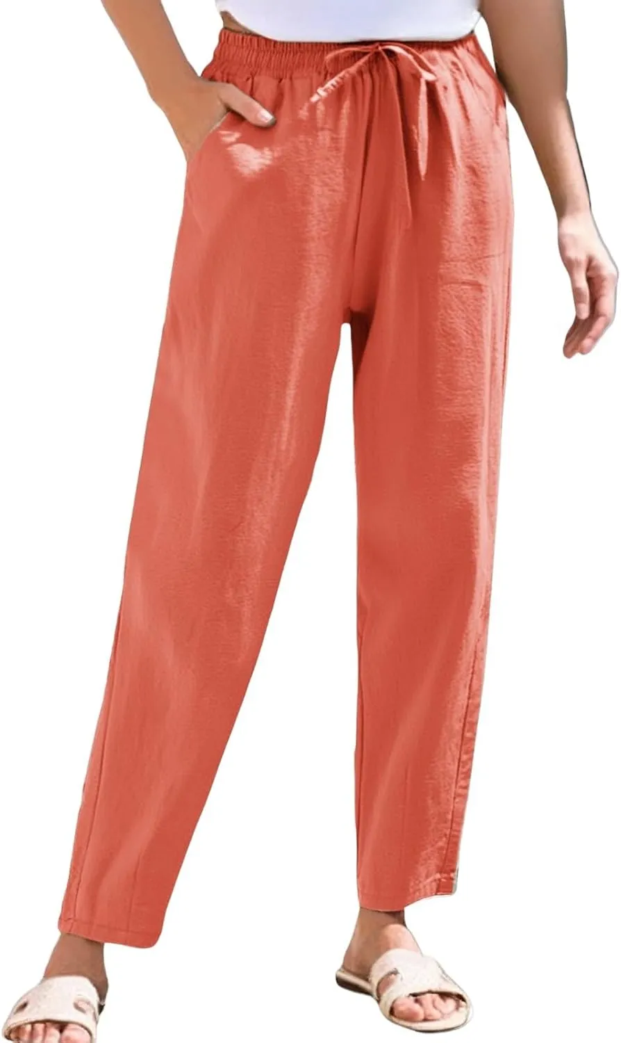 Women's Straight Leg Pants Elastic Drawstring Casual Trousers with Pockets Summer Beach Lounge Pants