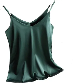 Women's Summer Camisole Spaghetti Strap Top V Neck Cami Satin Silk Tank Tops
