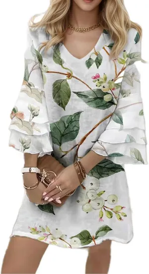 Womens Summer Casual Dresses V Neck 3/4 Sleeve Loose Boho Floral Printed Beach Sundress