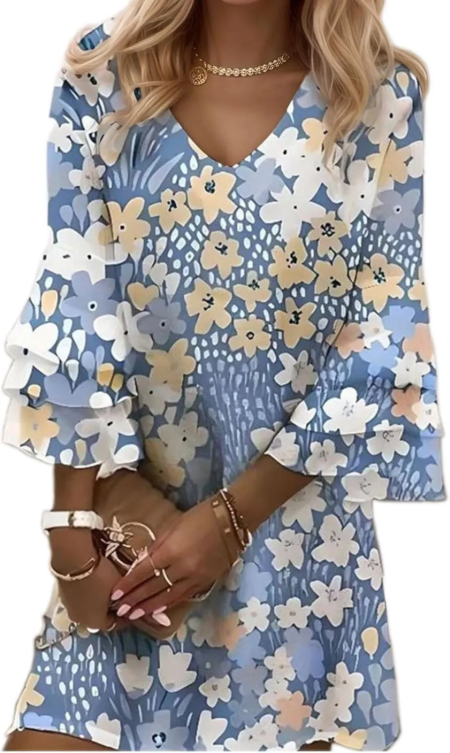 Womens Summer Casual Dresses V Neck 3/4 Sleeve Loose Boho Floral Printed Beach Sundress