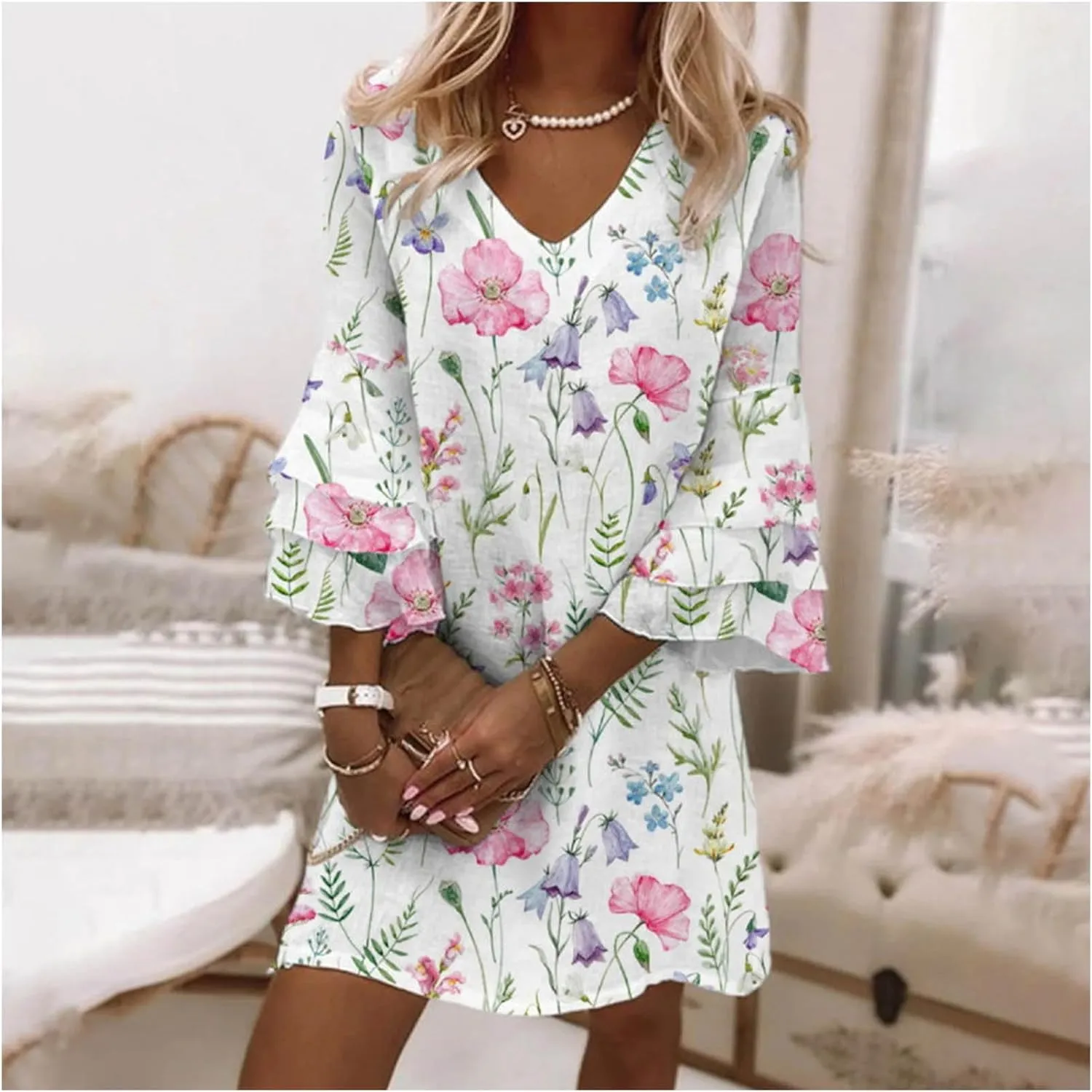 Womens Summer Casual Dresses V Neck 3/4 Sleeve Loose Boho Floral Printed Beach Sundress