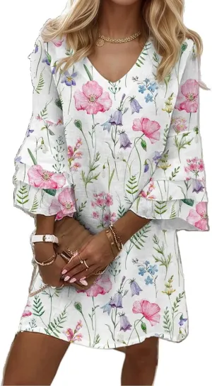 Womens Summer Casual Dresses V Neck 3/4 Sleeve Loose Boho Floral Printed Beach Sundress