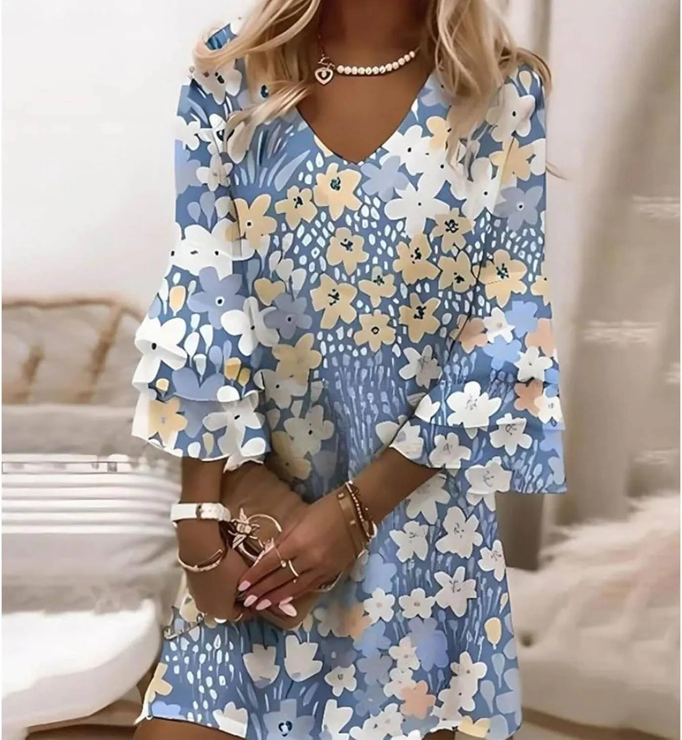 Womens Summer Casual Dresses V Neck 3/4 Sleeve Loose Boho Floral Printed Beach Sundress