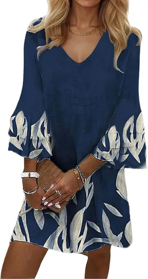 Womens Summer Casual Dresses V Neck 3/4 Sleeve Loose Boho Floral Printed Beach Sundress