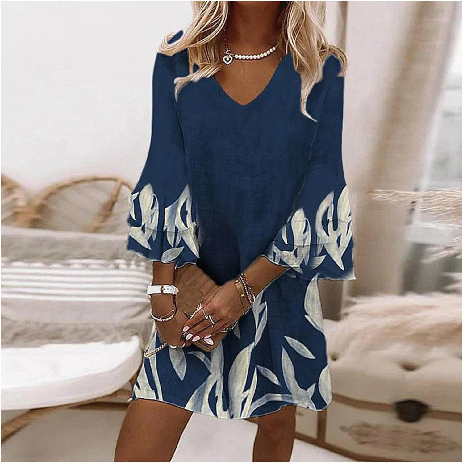 Womens Summer Casual Dresses V Neck 3/4 Sleeve Loose Boho Floral Printed Beach Sundress