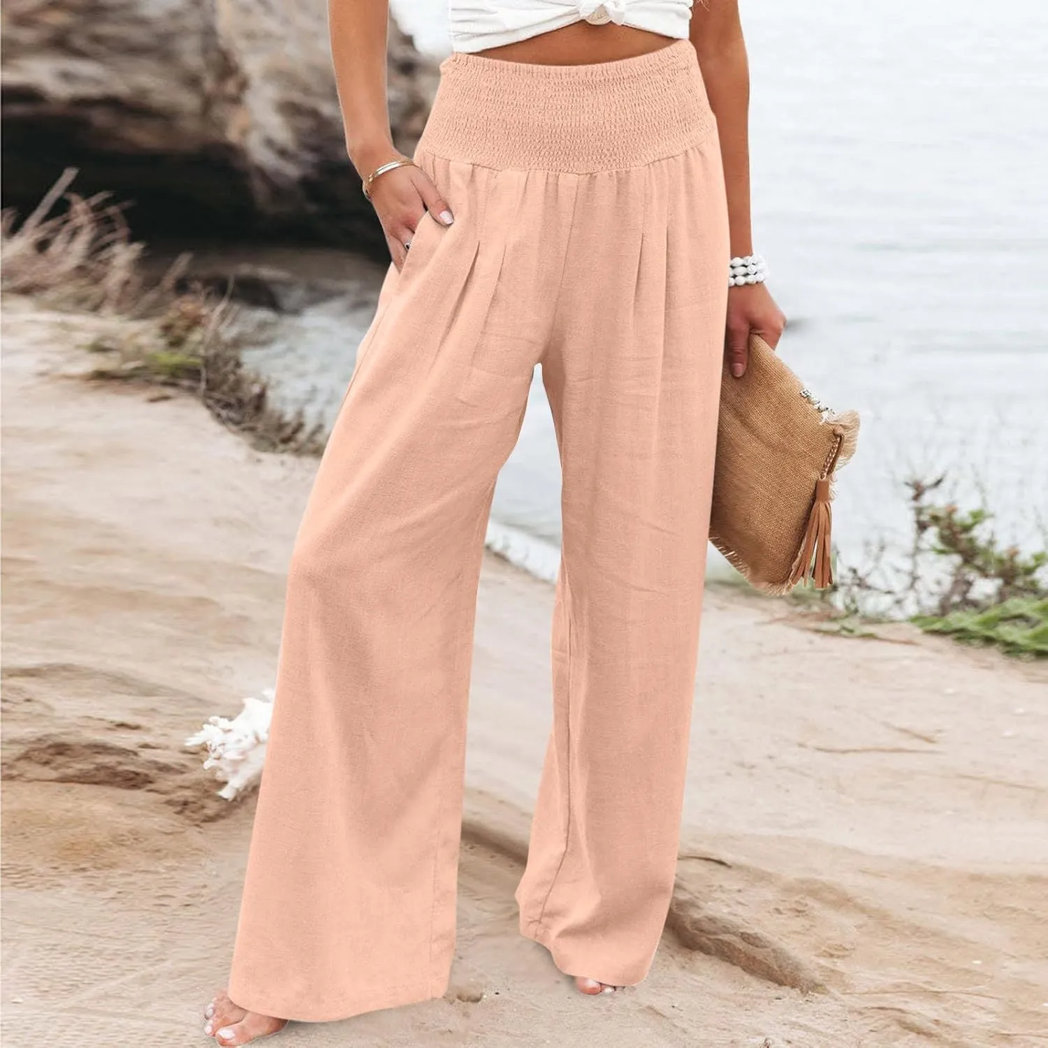 Womens Summer Casual Wide Leg Palazzo Pants Smocked High Waist Loose Lounge Comfy Trousers