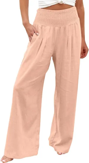 Womens Summer Casual Wide Leg Palazzo Pants Smocked High Waist Loose Lounge Comfy Trousers